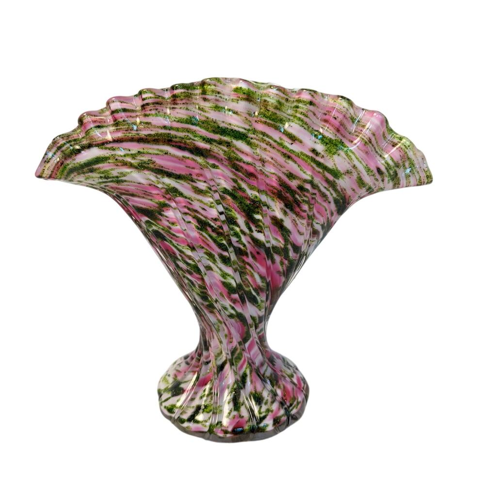VTG Fenton art glass 1960s fan vase pink green vasa murrhina pattern.
